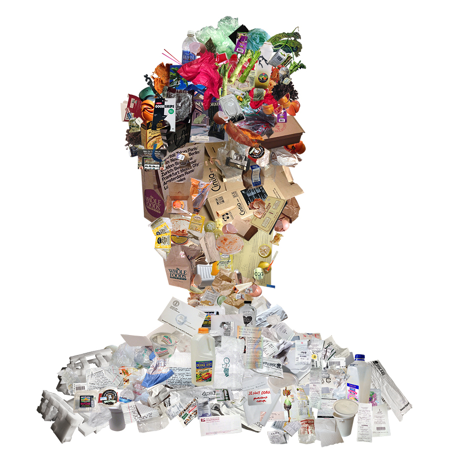 the outline of me filled in with a digital collage of trash, like plastic wrappers, receipts, and orange peels