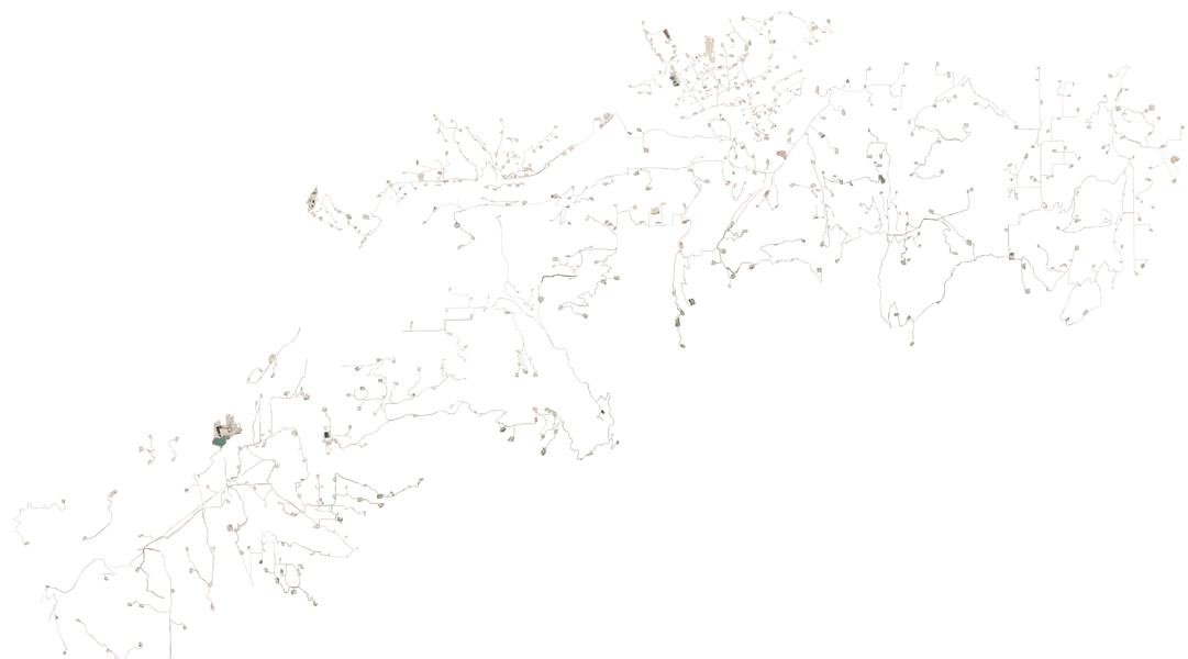 cutout of satellite imagery of fracking sites and pathways connecting them