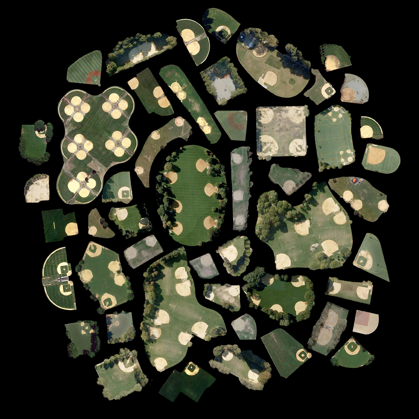 A collection of cutouts of satellite imagery of baseball diamonds against a black backdrop