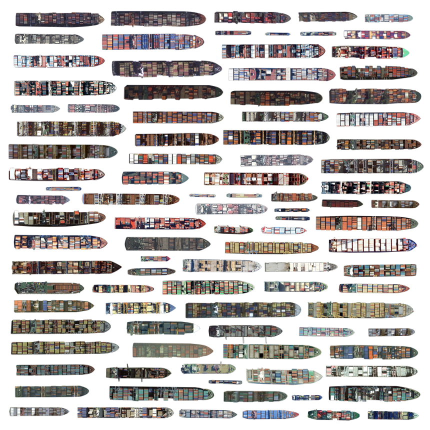 A collection of cutouts of satellite imagery of cargo ships carrying containers, against a white backdrop