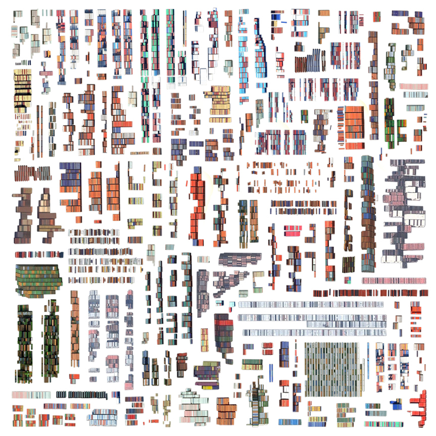A dense collection of cutouts of satellite imagery of shipping containers, preserving the groupings they were in at their ports, against a white backdrop