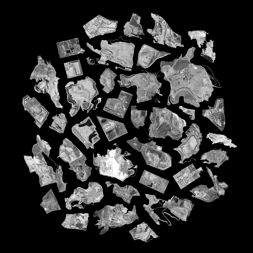 A black-and-white collection of cutouts of satellite imagery of landfills, against a black backdrop