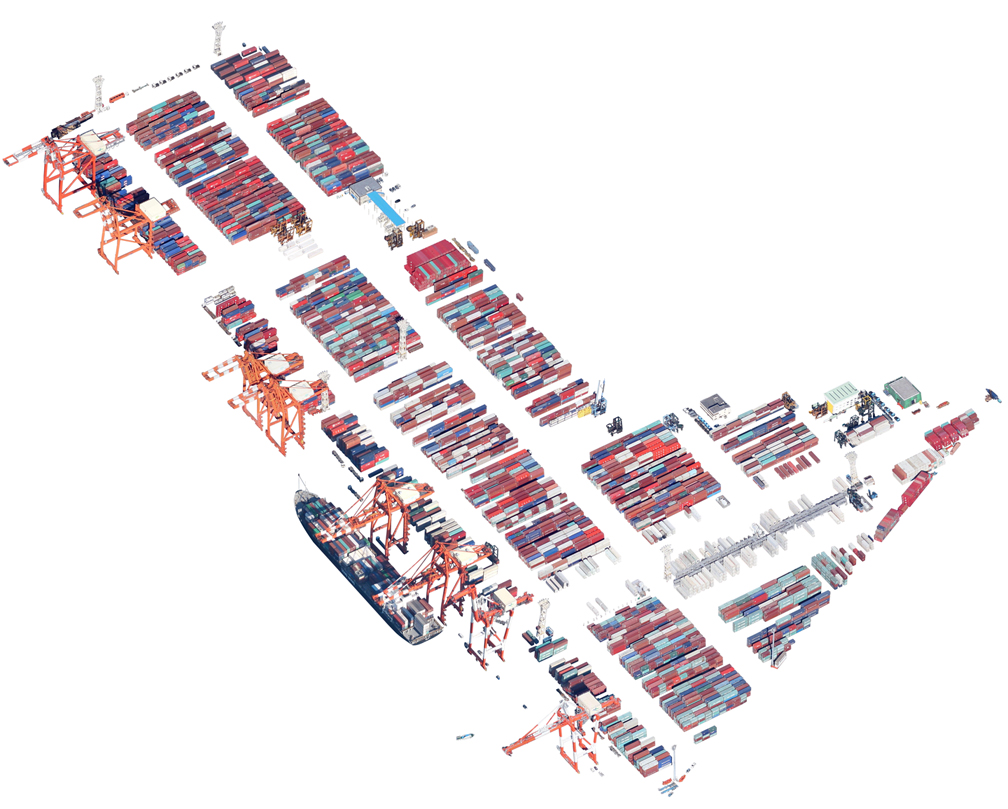 Isolated satellite imagery of shipping containers, cranes, and a ship at a shipping port