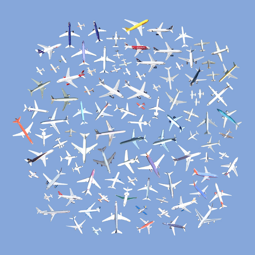 A collection of cutouts of satellite imagery of mostly white airplanes, against a light blue backdrop