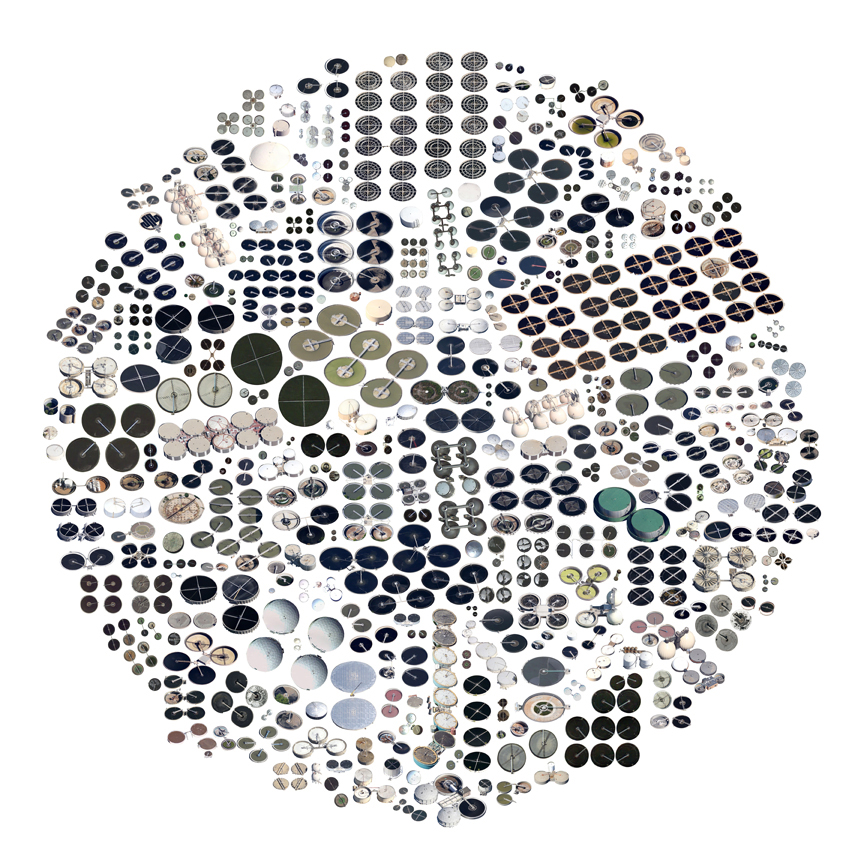 A collection of cutouts of satellite imagery of elements of different wastewater treatment plant, including round treatment ponds and digester eggs, against a white backdrop