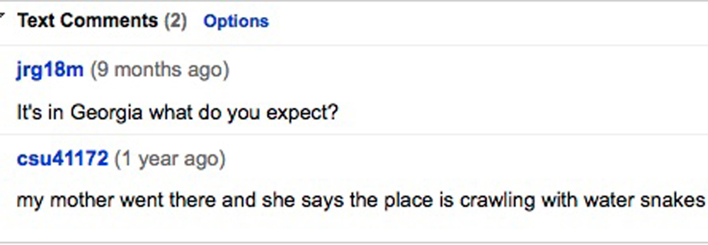 Screenshot of online comments from 2009, not showing what the comments are on. One says: It's in Georgia what do you expect? The other says: my mother went there and she says the place is crawling with water snakes