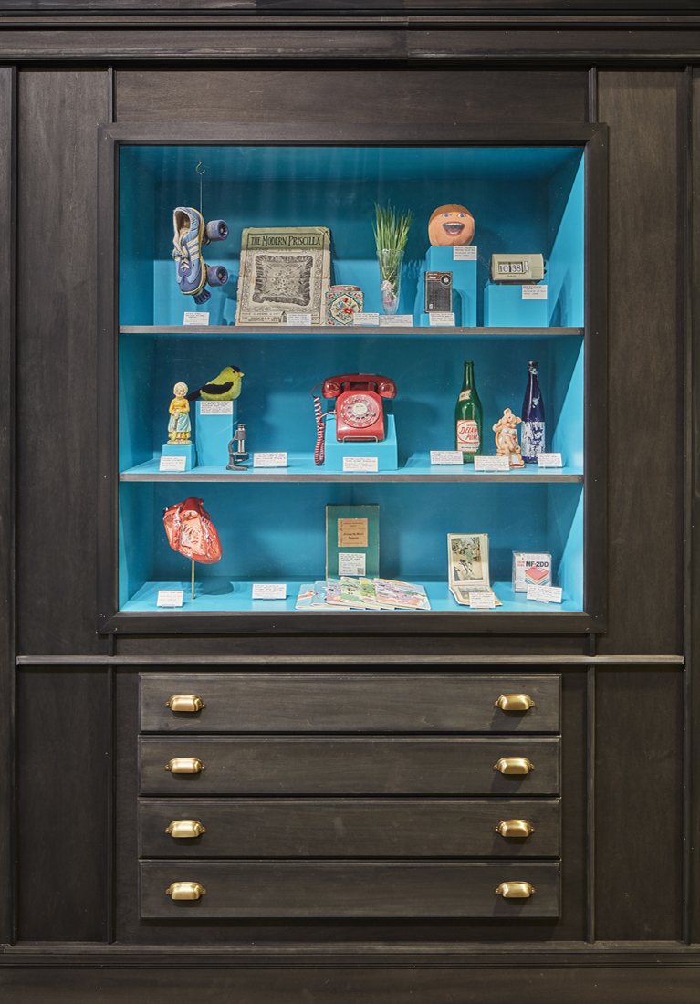 the rightmost display section, showing objects from the dump, including a blue rollerskate, a red rotary telephone, and a plush goldfinch