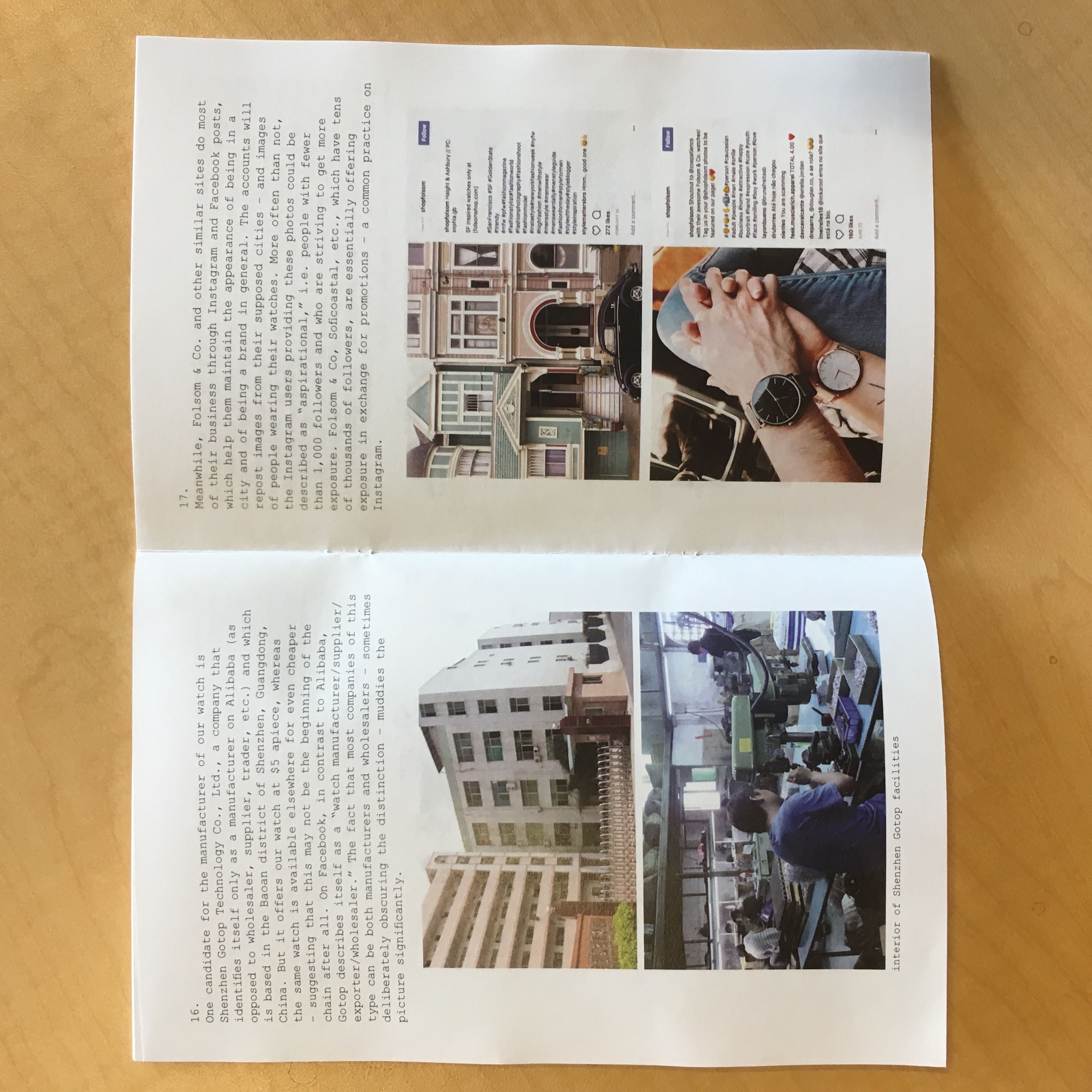 A spread from the zine with paragraphs in Courier font and photos of a factory in China alongside Instagram posts about San Frnacisco and watches
