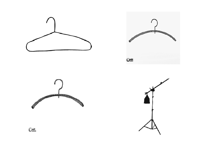 My drawing of a coat hanger, a different coat hanger, my drawing of that coat hanger, a lamp on a tripod