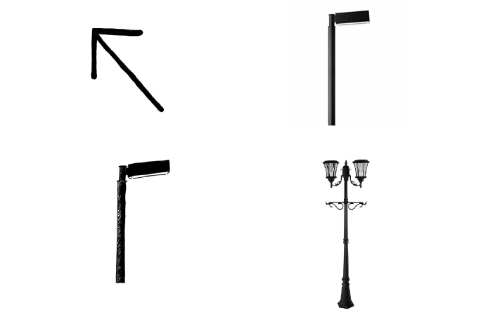 My drawing of an arrow, a modern street lamp, my drawing of the street lamp, a more ornate street lamp, my drawing of the more ornate street lamp