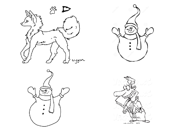My drawing of an anime-style wolf, a snowman, my drawing of a snowman, a cartoon of a man with a book in his teeth and a silly expression