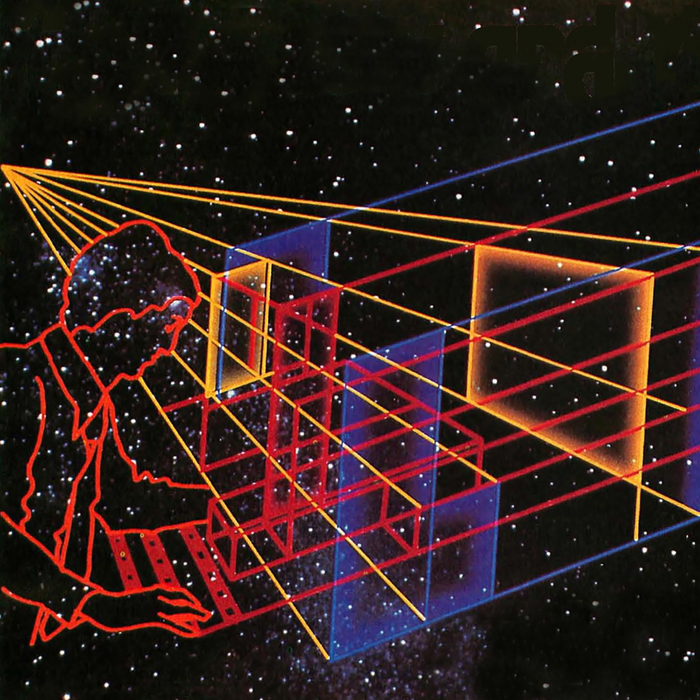 Agaist a backdrop of outerspace, neon lines show the outline of a man typing on a keyboard-like shape that connects to an abstract 3D grid