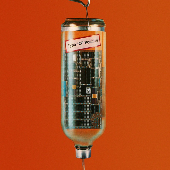 A computer chip inside an I.V. drip with the label Type O Positive