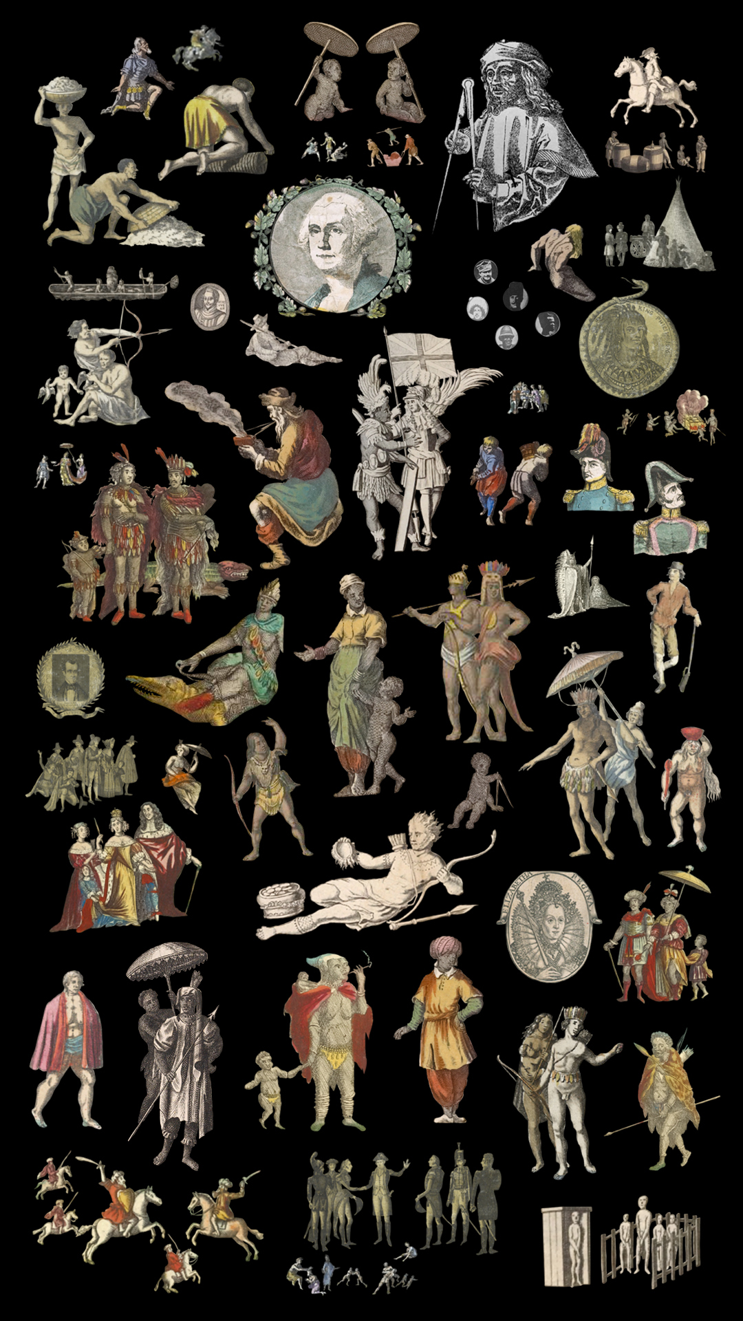 A collage of cutouts against a black backdrop, showing depiction of royalty, pilgrims, natives, people on horseback, and historical figures like George Washington and Queen Elizabeth