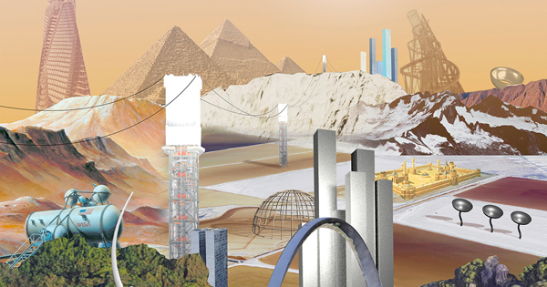 A surreal-looking collage with futuristic structures against an orange sky