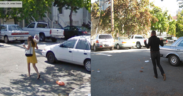 A side-by-side composite showing one screenshot of a person walking on Street View, and a photo of me walking in the same way in the same exact spot