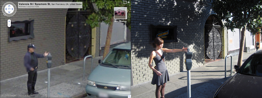 Jenny Odell reenacting a person whose arm is outstretched toward a parking meter