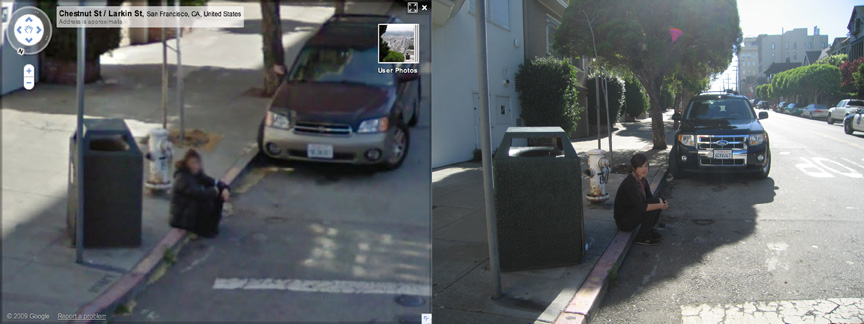 Jenny Odell reenacting a person sitting on a sidewalk corner next to a waste bin