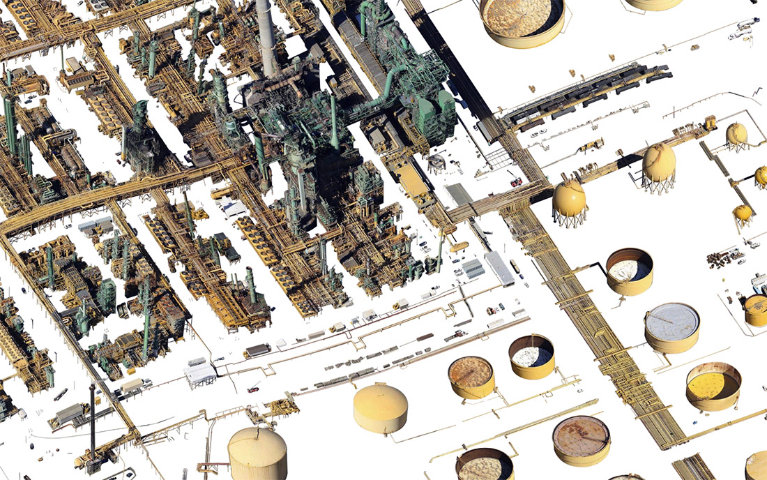 Satellite imagery of an oil refinery where the ground has been removed, against a white backdrop