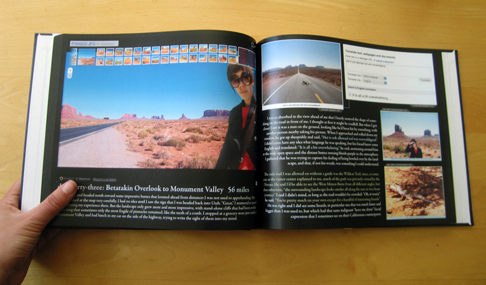 A hand opening a landscape-orientation book with black pages and a series of photos, most prominently one of Jenny Odell photoshopped into Google Street View near Monument Valley. The text is a mix of white, green, and blue colors.