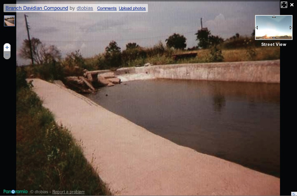 Screenshot of Google Maps user-contributed photo of a rectangular, cement-lined pond. The photo is titled: Branch Davidian Compound