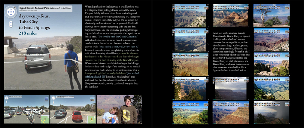 Two facing pages from the Travel by Approximation book. One shows Jenny Odell photoshopped so she seems to be walking through a parking lot in the Grand Canyon, and the other has a grid of user-contributed photos of the Grand Canyon. Both pages contain fictional text about Jenny Odell visiting that spot.