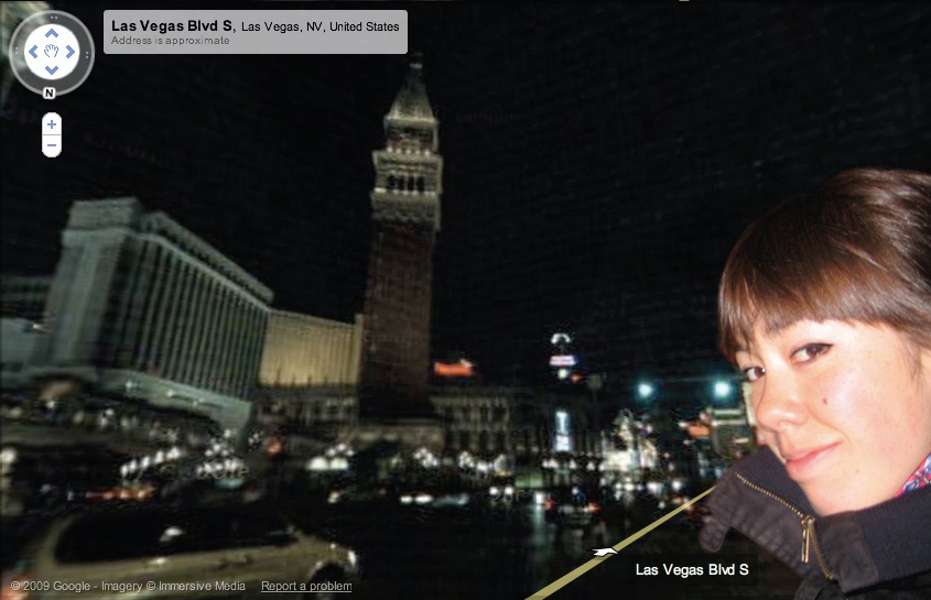 Jenny Odell appearing to take a selfie in Street View of Las Vegas at night
