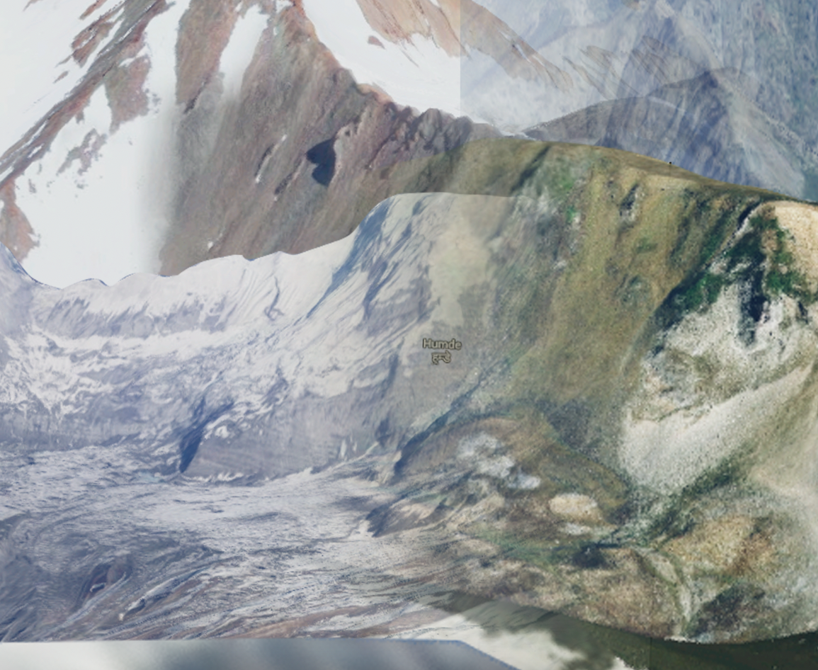 Close up detail of the collage showing the mountains blending into each other and a label that says Humde in English and Nepalese