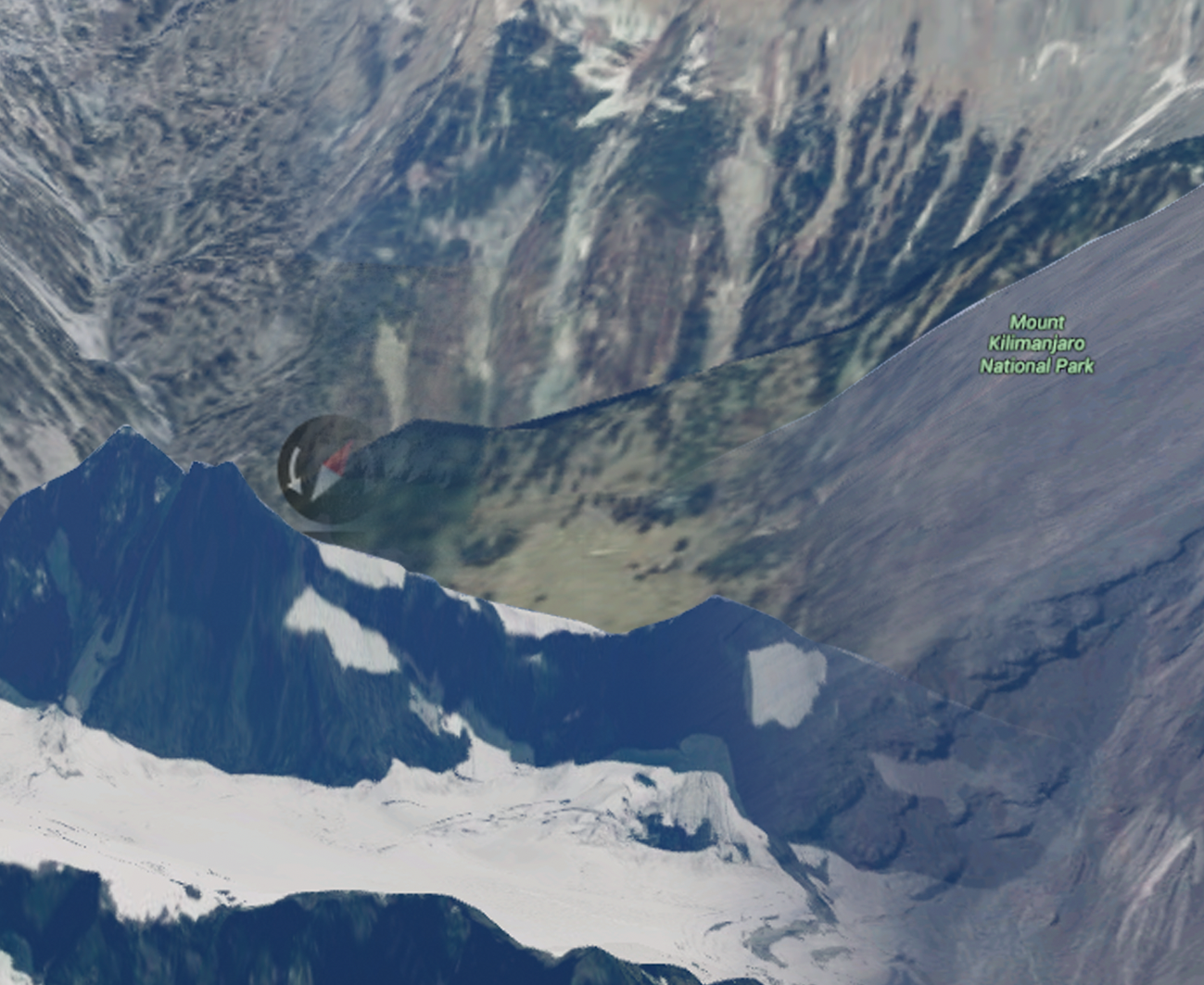 Close up detail of the collage showing a label for Mount Kilamanjaro National Park and a bit of the Google Earth compass