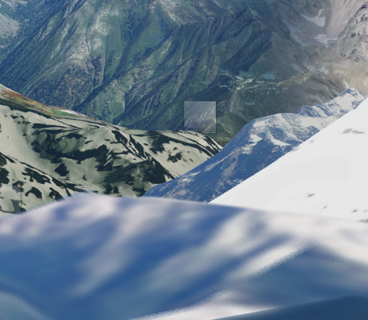 Close up detail of the collage showing very low resolution mountains in the foreground and a suqare of lighter-colored terrain, a digital artifact from Google Earth